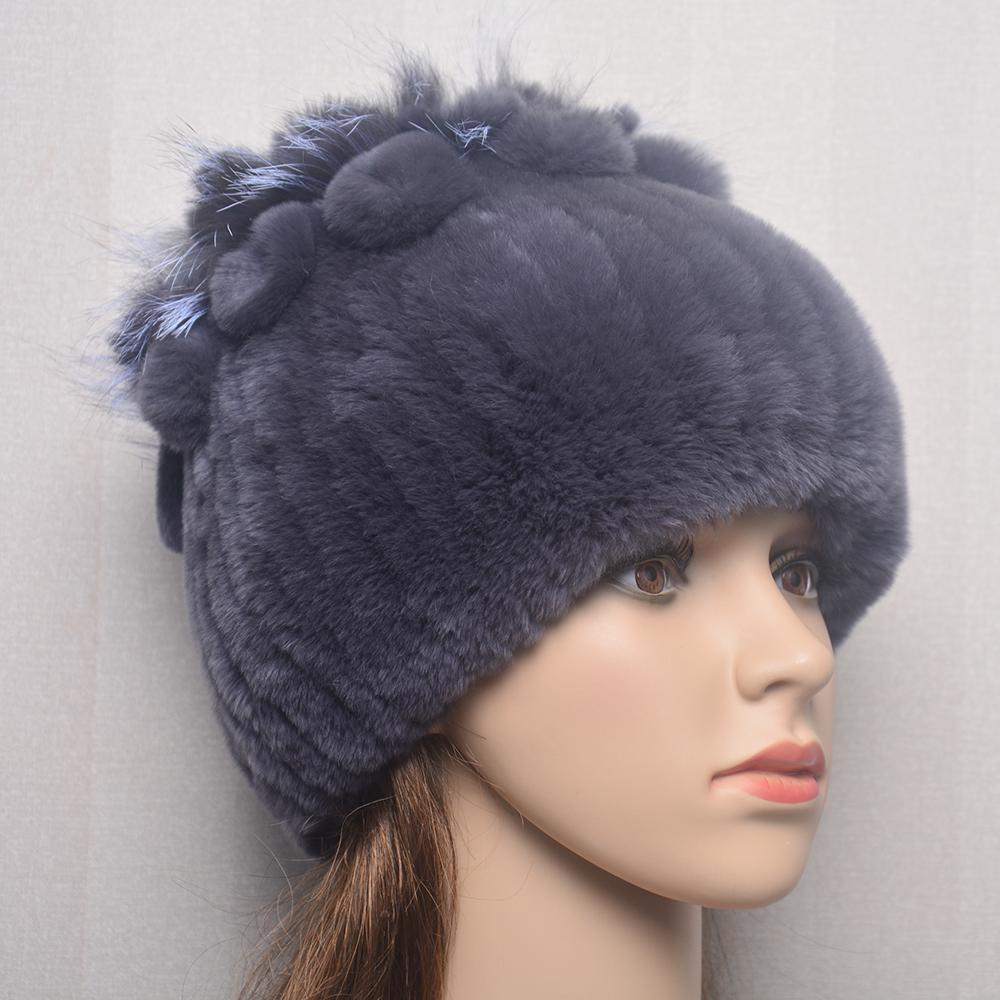 Fluffy Winter Real Fur Hat Natural Rex Rabbit Fur Warm Cap Ladies Knitted 100% Geunine Fur Hats