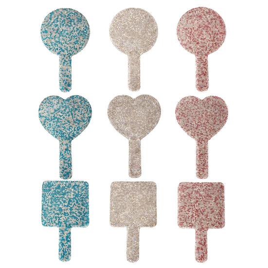 Glitter Rhinestone Makeup Mirror with Long Handle High Clarity Portable Women Vanity Mirror Round Love Heart Square Handheld Cosmetic Mirror