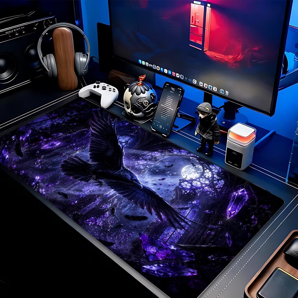 Purple Crystal Raven Gothic Moon Magic Rune XXL Mousepad Dark Witchcraft Deskmat Rubber Overlock Keyboard Gaming Desktop Mat