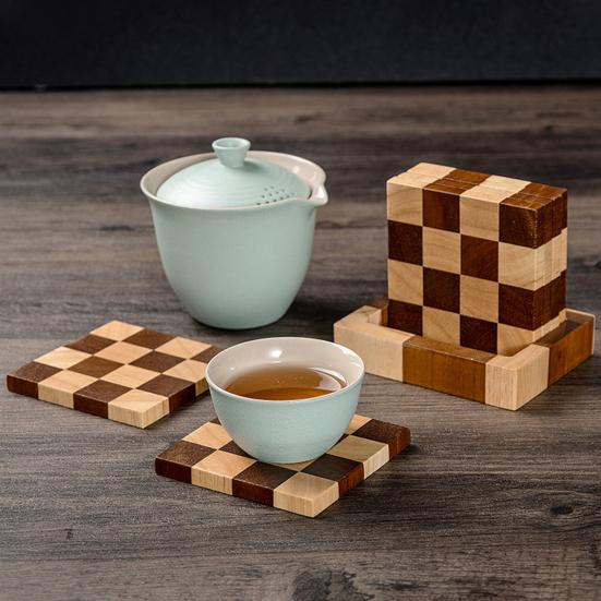 6 Pièces Dessous de Verre en Bois Absorbants Protecteurs avec Support Plateau à Thé Ensemble de Dessous de Verre Damier pour Protection de Table