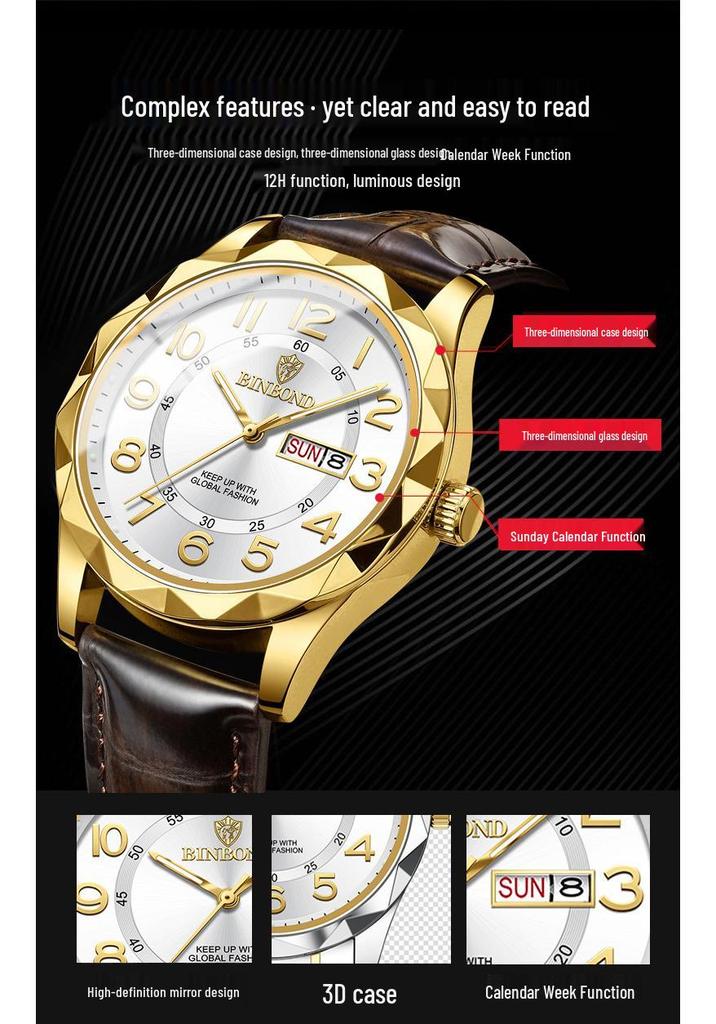 Binbang Ultra-thin Luminous Men's Quartz Watch - Automatic Movement, Waterproof with Calendar, Leather Strap, Business & Fashion Style.