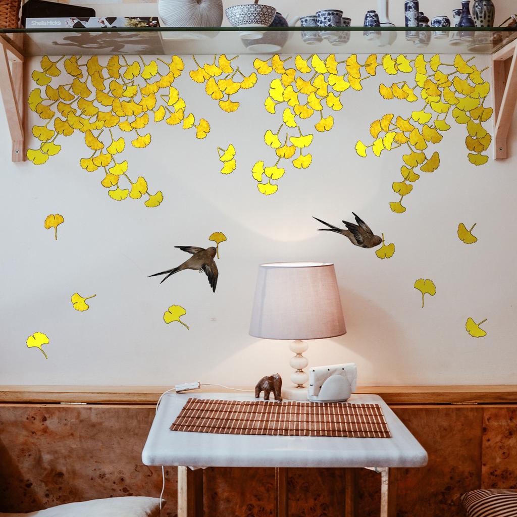 Tj7543 Hand-Painted Ginkgo Biloba Leaf Bird Bronzing Wall Sticker Decoration Living Room Bedroom Background Self-Adhesive Wall Sticker