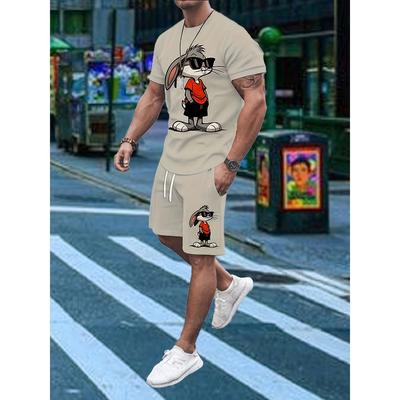 New 3D Cartoon Rabbit Print Men's Two-Piece Set T-Shirt and Shorts Summer Casual Short-Sleeve Top Sports Set
