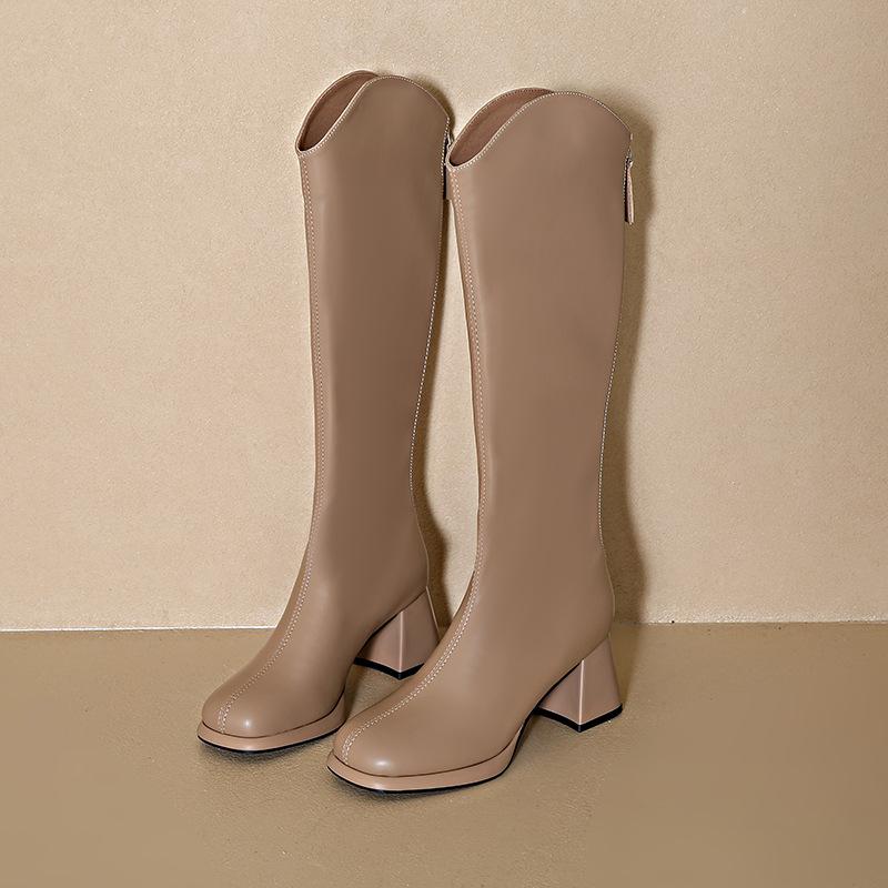 

2024 Новые женские рыцарские сапоги большого размера на толстом каблуке, сапоги до середины голени в ковбойском стиле с V-образным носком 43