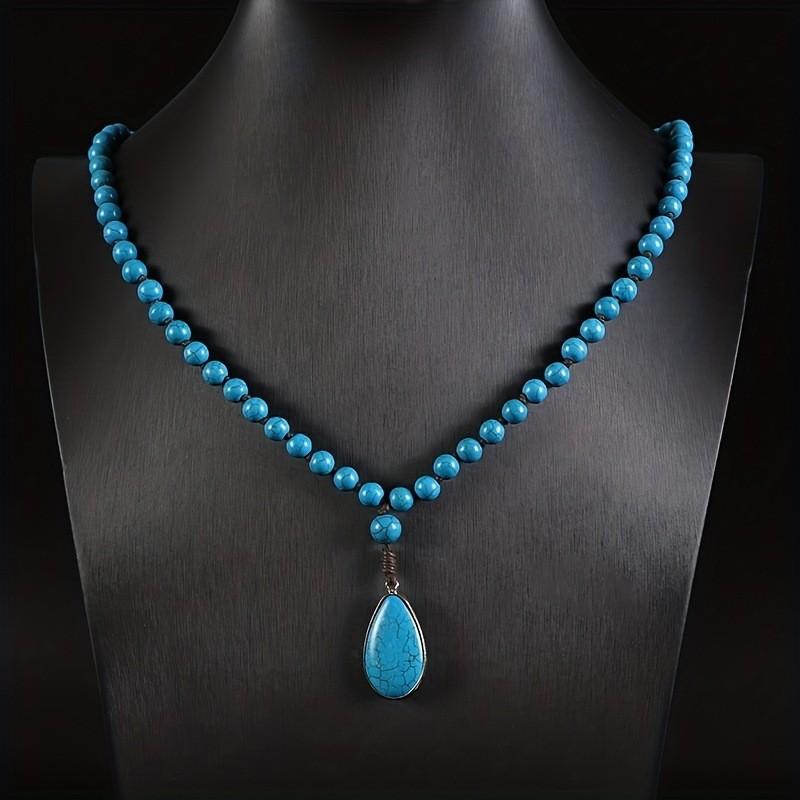 JMXD-Bohemian turquoise necklace fashionable retro ethnic style hand-knotted water drop pendant long necklace