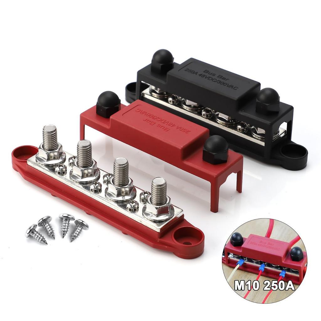 1Pair RV Yacht Busbar 4 Ways 250A48VDC/300VAC Copper Stud Wiring Red Black Stud Distribution Block