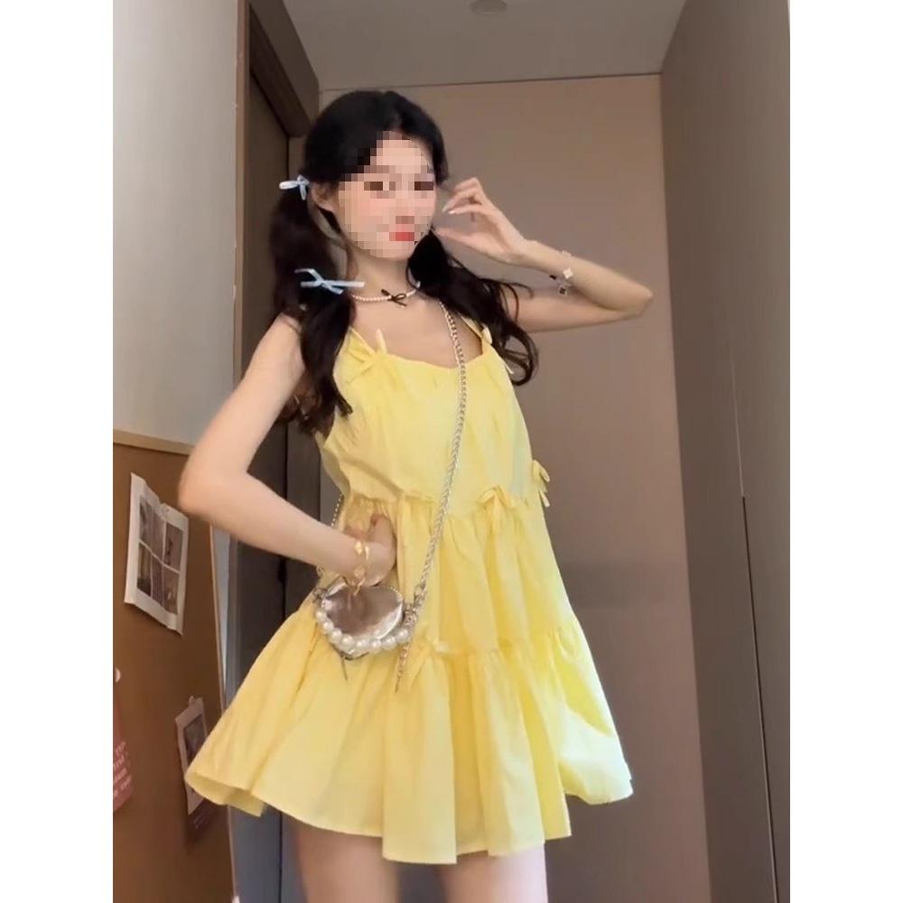 Süße Schleife gelbe Weste Hosenträgerkleid Damen Sommer Neu Locker Aufgeblähter Rock