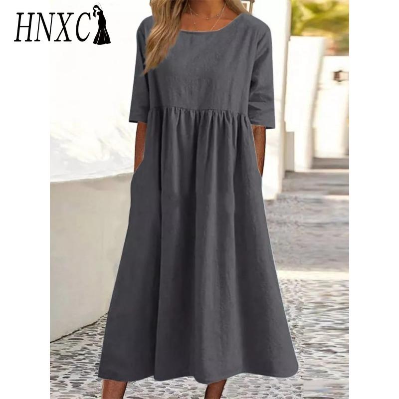 HNXC Women's Fashion Summer Spring Solid Color Print Short Sleeve O-Neck High Waist Casual Dresses