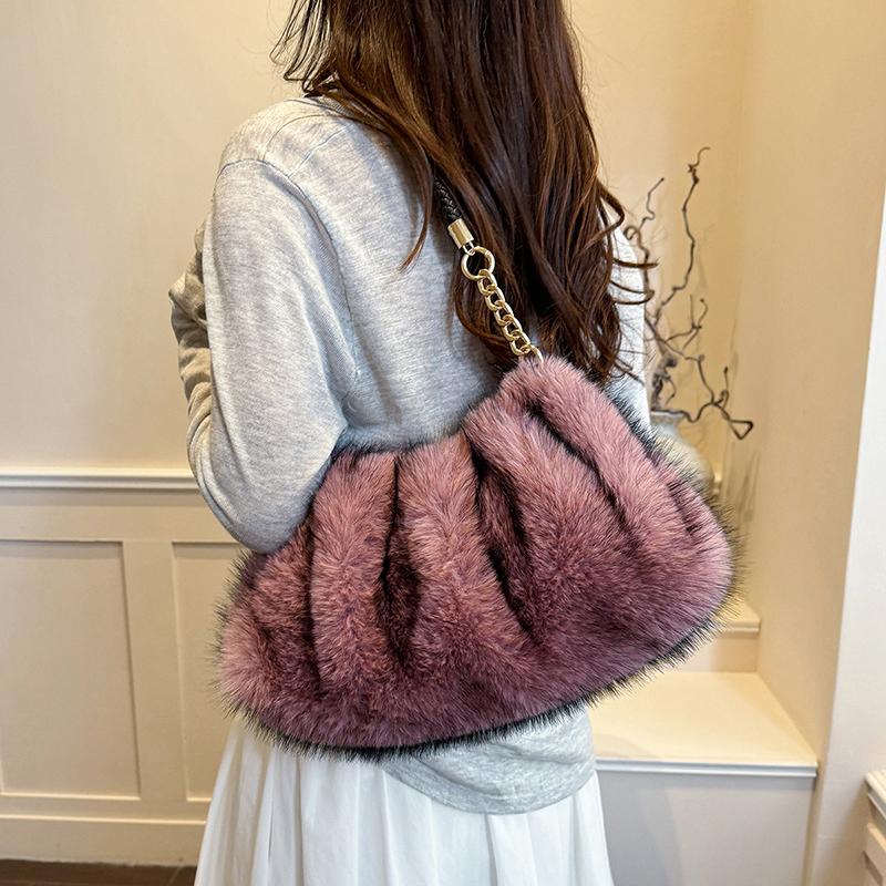 Women Faux Fur Shoulder Bag Soft Fluffy Plush Hobo Handbag with Chain Strap,Autumn Winter Fashion Ruched Underarm Bag Casual Daily Shopping Crossbody