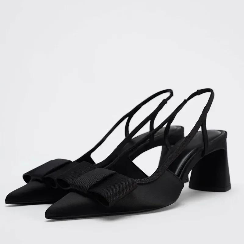Pointed Toe Women Shoes Woman 2025 Spring Black Retro Bow Decoration High Heels Shallow Slingbacks Elegant Ladies Pumps