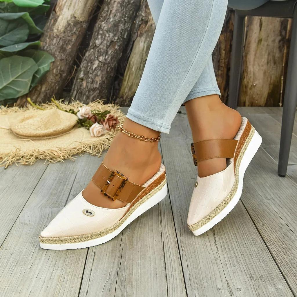 Fashion Large Size Spliced Color Headed Sandals with Rope Weave Thick Heel Slip-On Women's Shoes Lightweight Rubber Bottom Casual Slippe