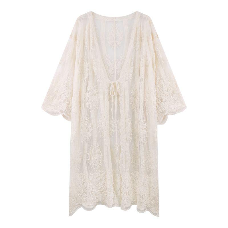 Summer Lace Long Jackets Women's See-through Lace-up Korean Holiday Fairycore Sun-proof Breathable Temperament