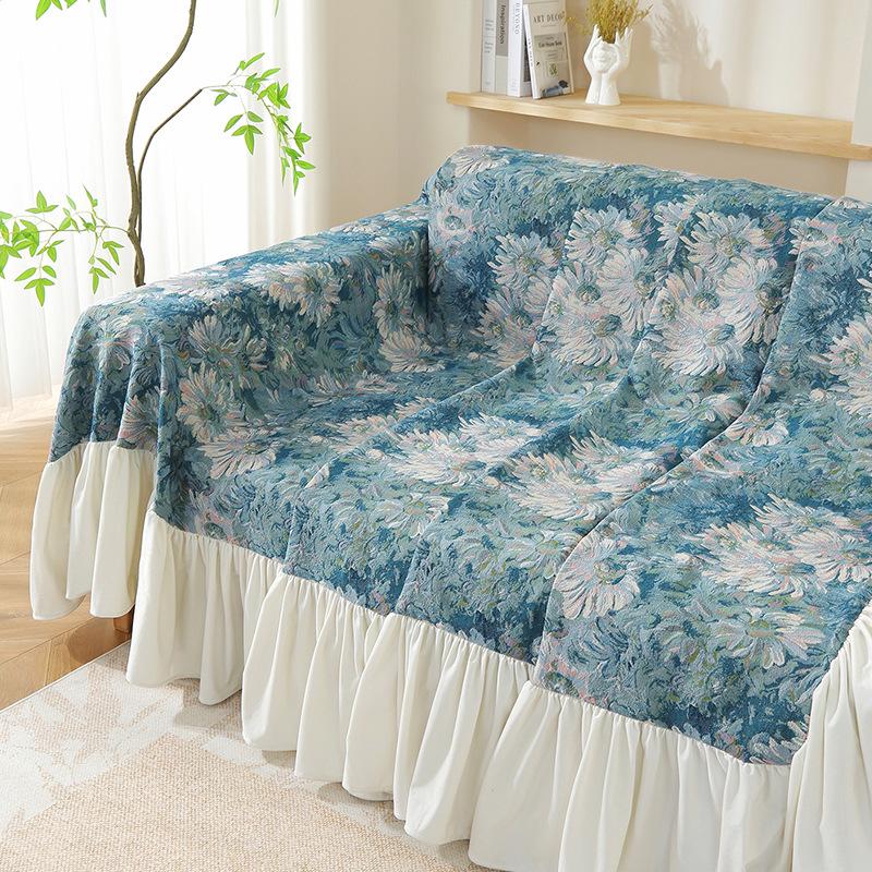 Sofa Towel Skirt Cream Breeze Anti Cat Scratch Sofa Cover Blue Floral Jacquard Thickened Sofa Cushion