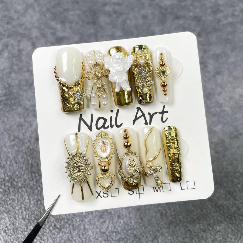 Baroque Style Luxury Nail Tips With Pearl Angel Decorations Thin Press-On Nails In S M L Sizes