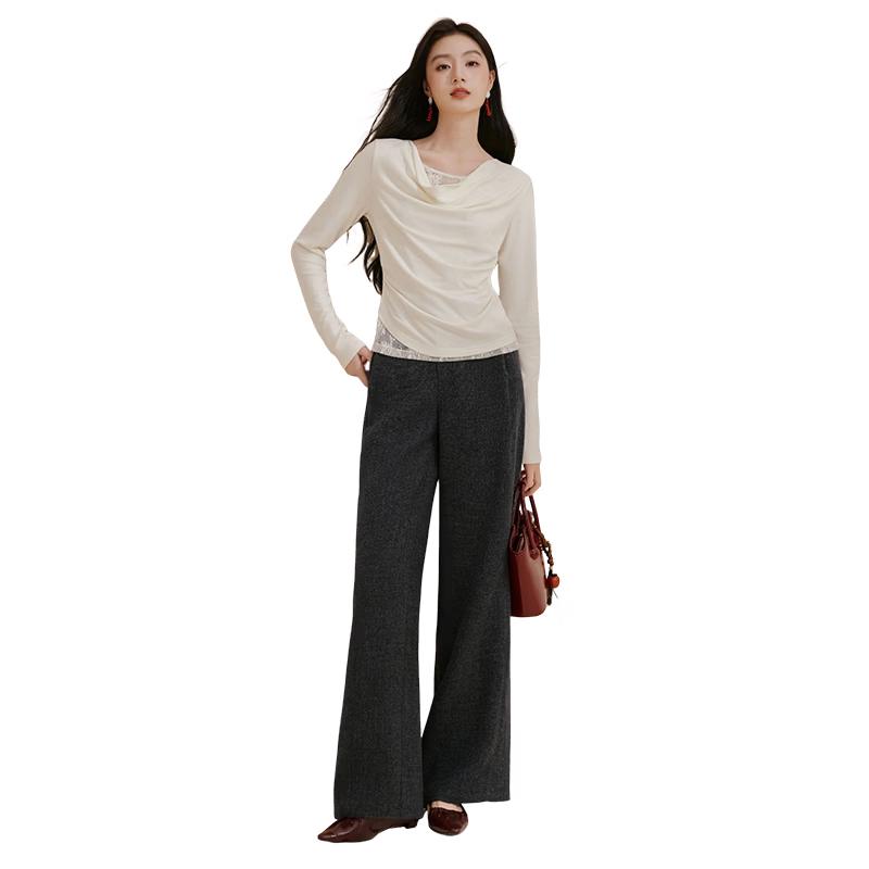 Xiangying Women s Dark Gray High-Waisted Woolen Wide-Leg Suit Pants L