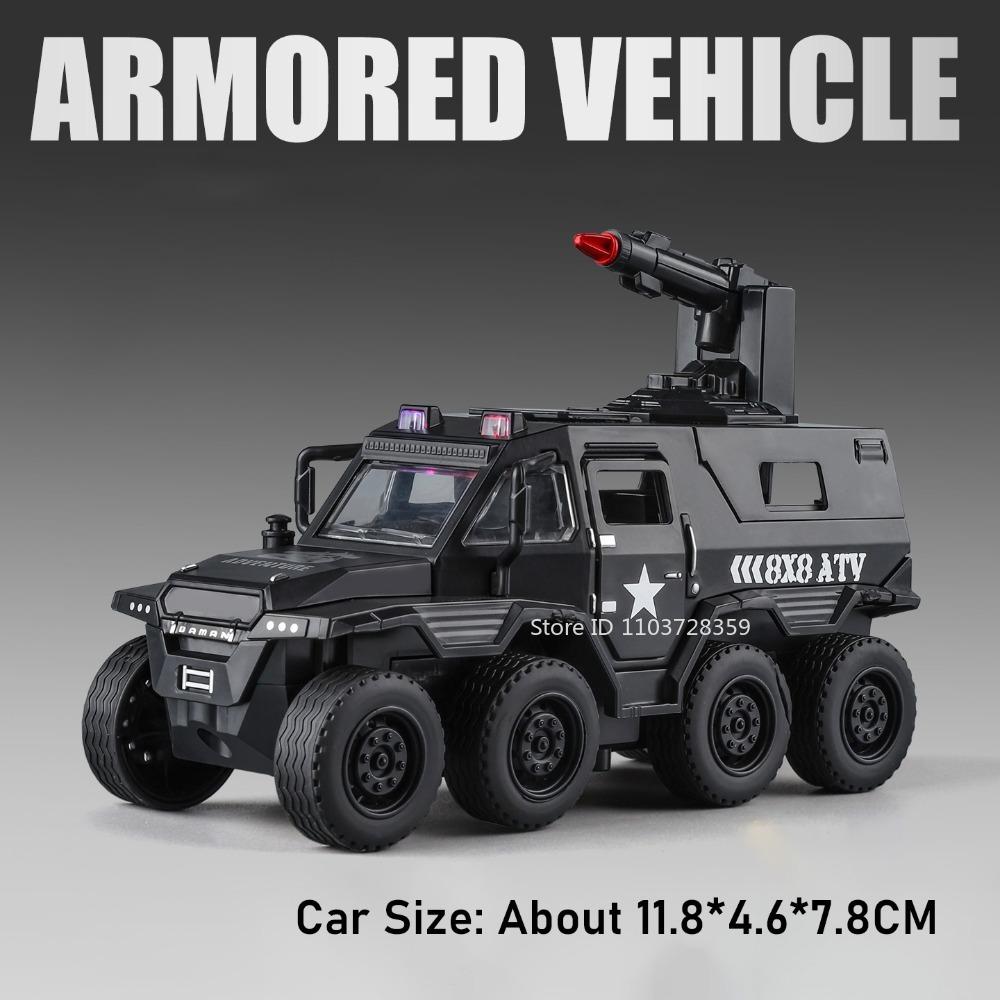 1:36 8-Wheel Conqueror Armored Car Toy Models Metal Diecast Simulation Off-road Cars Pull Back Doors Opened Sound Light Gifts