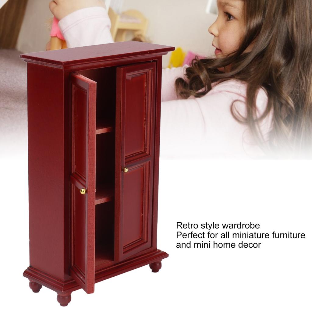 1:12 Miniature Dollhouse Red Birch Wardrobe Mini Wooden Furniture Doll House Decoration