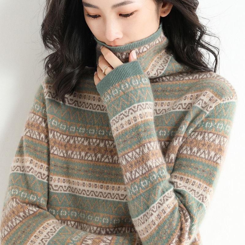 Winter New Turtleneck Long Sleeve Fashion Sweater Women High Street Casual Loose Printing Pullovers Elegant All-match Warm Tops