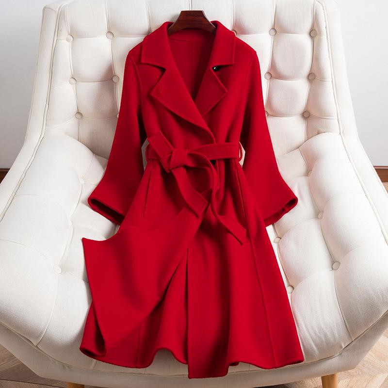 Palton lung de damă slim fit, 100% lână dublu-fațetată, la modă și versatil pentru toamnă și iarnă.