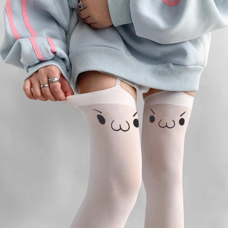 Women's Sexy Suspender Thigh High Stockings Velvet Thin Black and White Irregular Exposed Skin JK Japanese Over-the-knee Socks