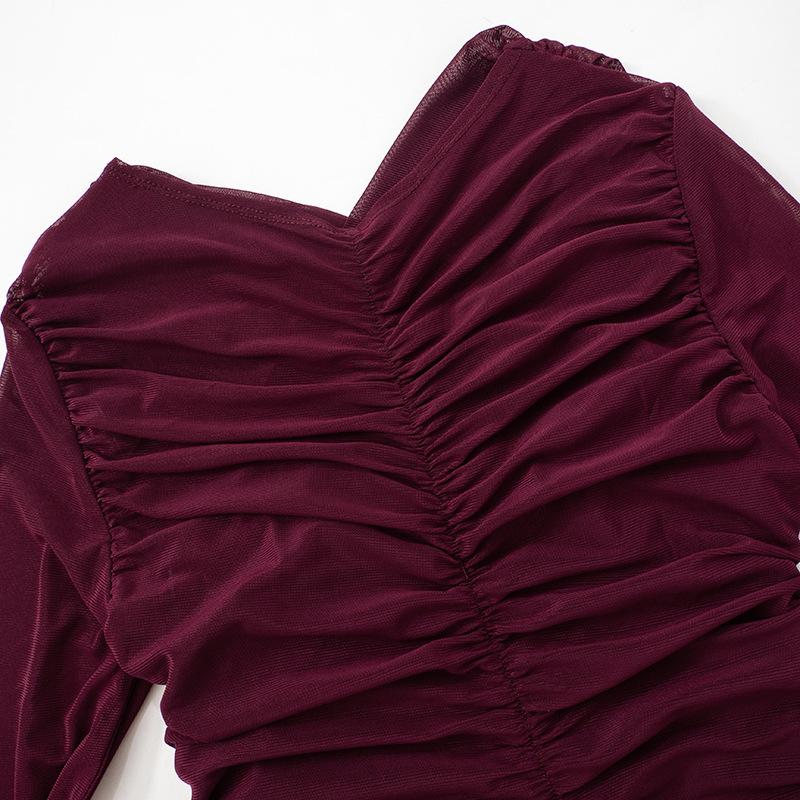 GMXIA Damska Jesienna Koszulka Top z Siateczki w Jednolitym Kolorze, Seksowna Plisowana z Długim Rękawem