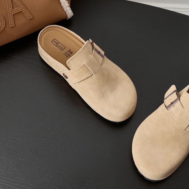 Cowhide Version~ Inner Height Increase Cm Women's Leather Thick-soled Casual Shoes Soft-soled Bag Head Half Slippers