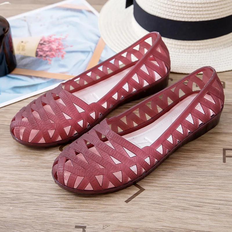Damskie Fioletowe Ażurowe Oddychające Plastikowe Buty Okrągły Czubek Niska Cena Koturny Wsuwane Zwięzłe Codzienne Casualowe Mokasyny 2025