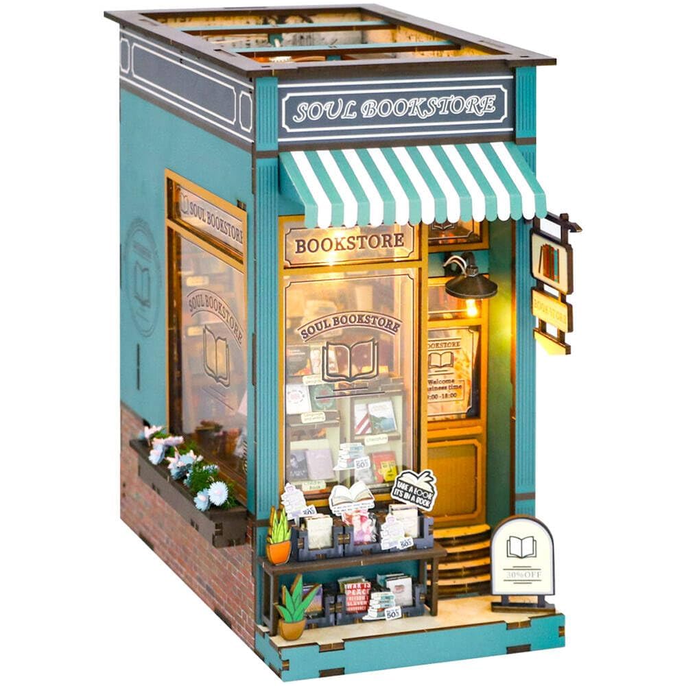 Moin Moin Dollhouse Miniature Handmade Kit Book Shape Paper Craft Blue Classical Retro Realistic Touch LED Light