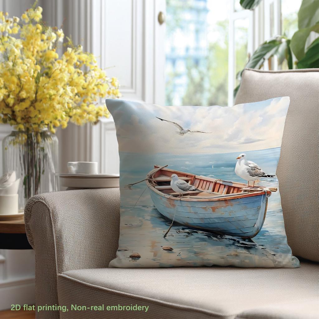 Coastal Seagull Boat Throw Pillow Cover Ocean Beach Nautical Decorative Pillow Case For Home & Living Room