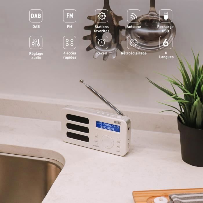 Radio Portable Rechargeable FM DAB Plus - Blanc - Batterie Li Ion - Double Alarme intégrée- August MB225