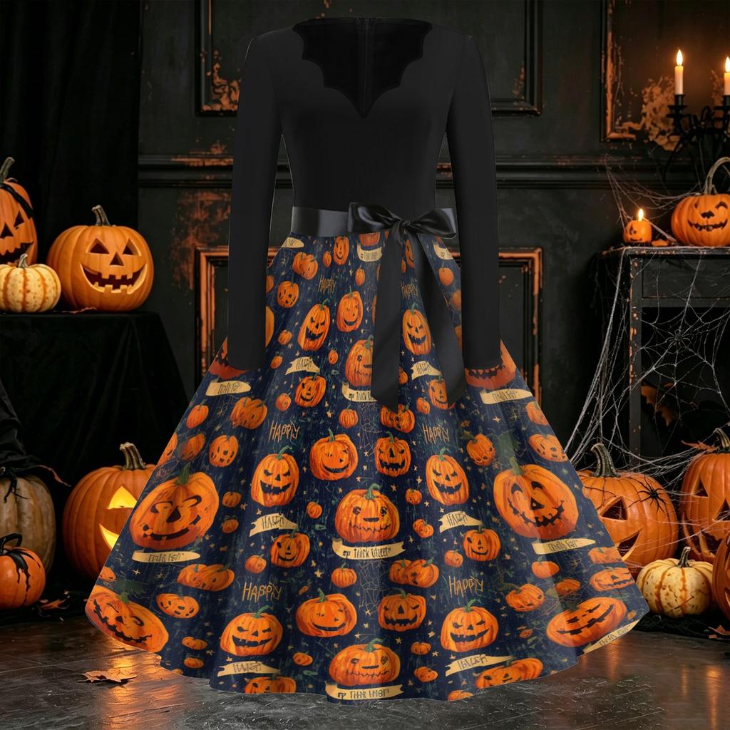 Damen Freizeitkleid mit langen Ärmeln und V-Ausschnitt, Vintage-Stil, mit Halloween-Kürbisdruck, Retro-Stil, Vollrockkleid mit Taillengürtel für saisonale Kleidung