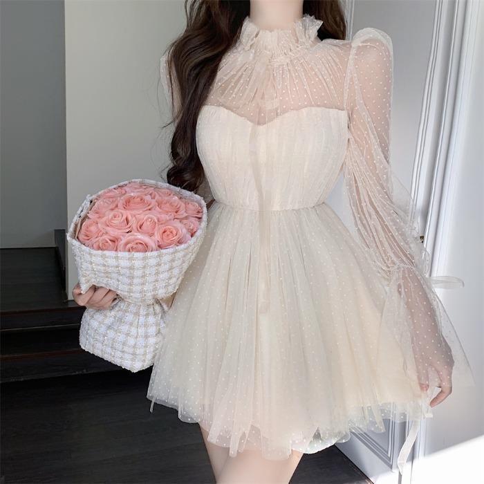 Damen trägerloses gepunktetes Mesh Langarm Puffkleid - Schlankmachende Taille, Frühling/Herbst Mode