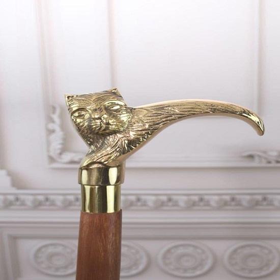 Nautical Handmade Solid Brass Cat Head Walking Stick Wooden Shaft Walking Cane for Men Women Canes, Total Length 93.98 Cm