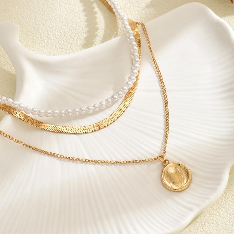 New, Fashionable and Simple Round Brand Pendant Necklace Light Luxury Niche Pearl Neck Chain Multi-layer Stacked Women