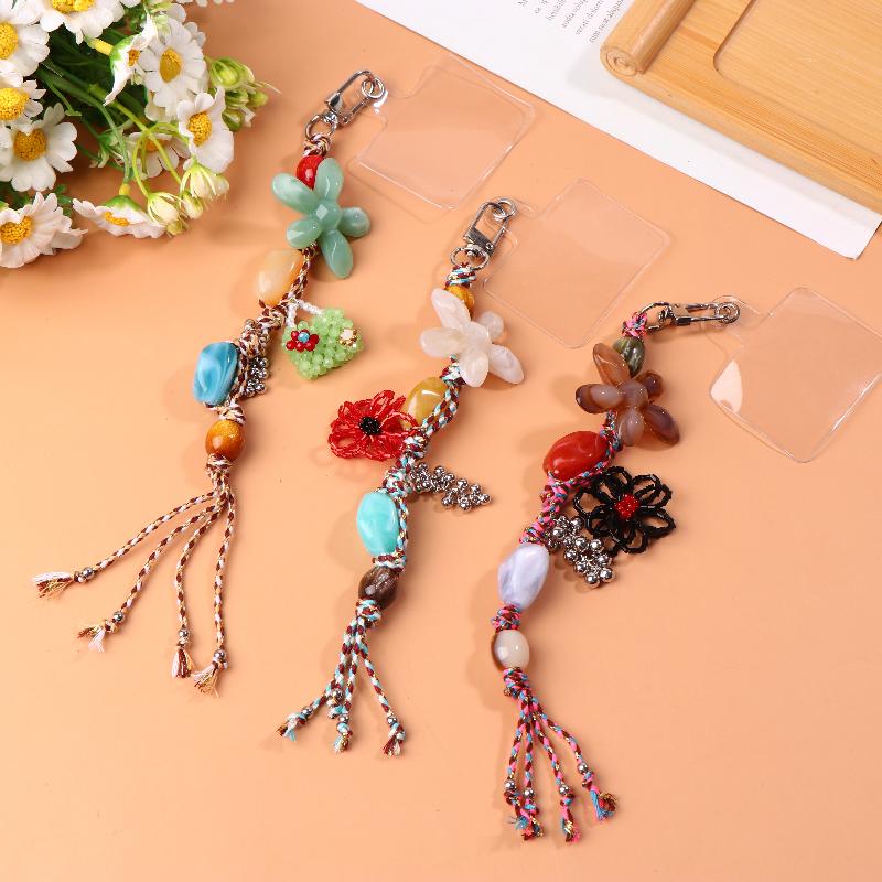 Ethnic Style Artistic Beaded Charm Keychain Vintage Flower Phone Lanyard Bag Pendant Key Hanging Decoration Gifts