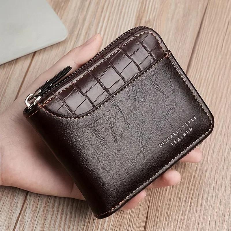 Luxury Men’s Wallet Leather Mens Purse Male 3 Flod  Zipper Money Clip Card Holders with Coin Pocket Rfid Wallets Gifts for Men Money Bag
