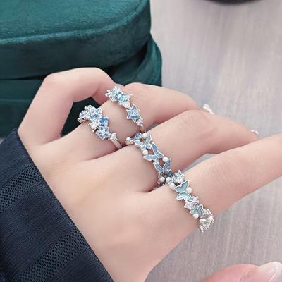 Star Flower Ring~ Blue Enamel Zircon Butterfly Flower Adjustable Opening Ring Women'S Niche Premium Ring