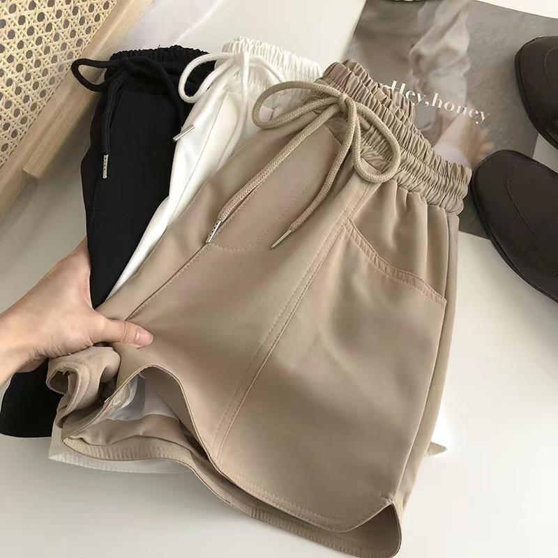 Drawstring with High Waist Elastic Double Pocket Casual Shorts Women's Summer New Thin Wear Wide Leg Running Hot Pants