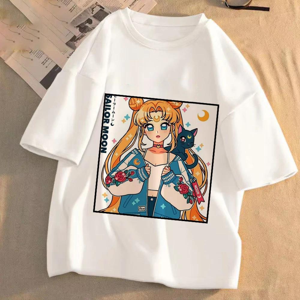 Sailor Moon Women Anime Casual T-shirt Summer Adult Cartoon Cute Tees Round Neck Printed Clothing Short Sleeve Fashion Tops Gift