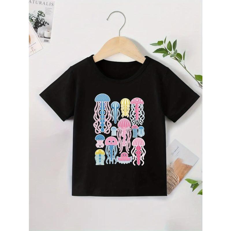 

European sizes Jellyfish Group Boys and Girls New Casual Short-sleeved T-shirt Summer Children s Round Neck Clothing Printed T-shirt Bottoming Shirt 98cm чёрный