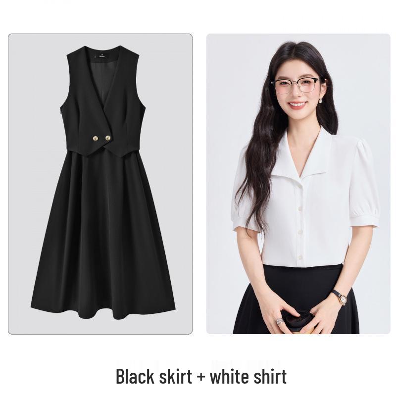 Age-Defying Preppy Vest Dress Set for Female College Students - Ideal for Exams & Interviews, Includes Shirt and Vest Dress