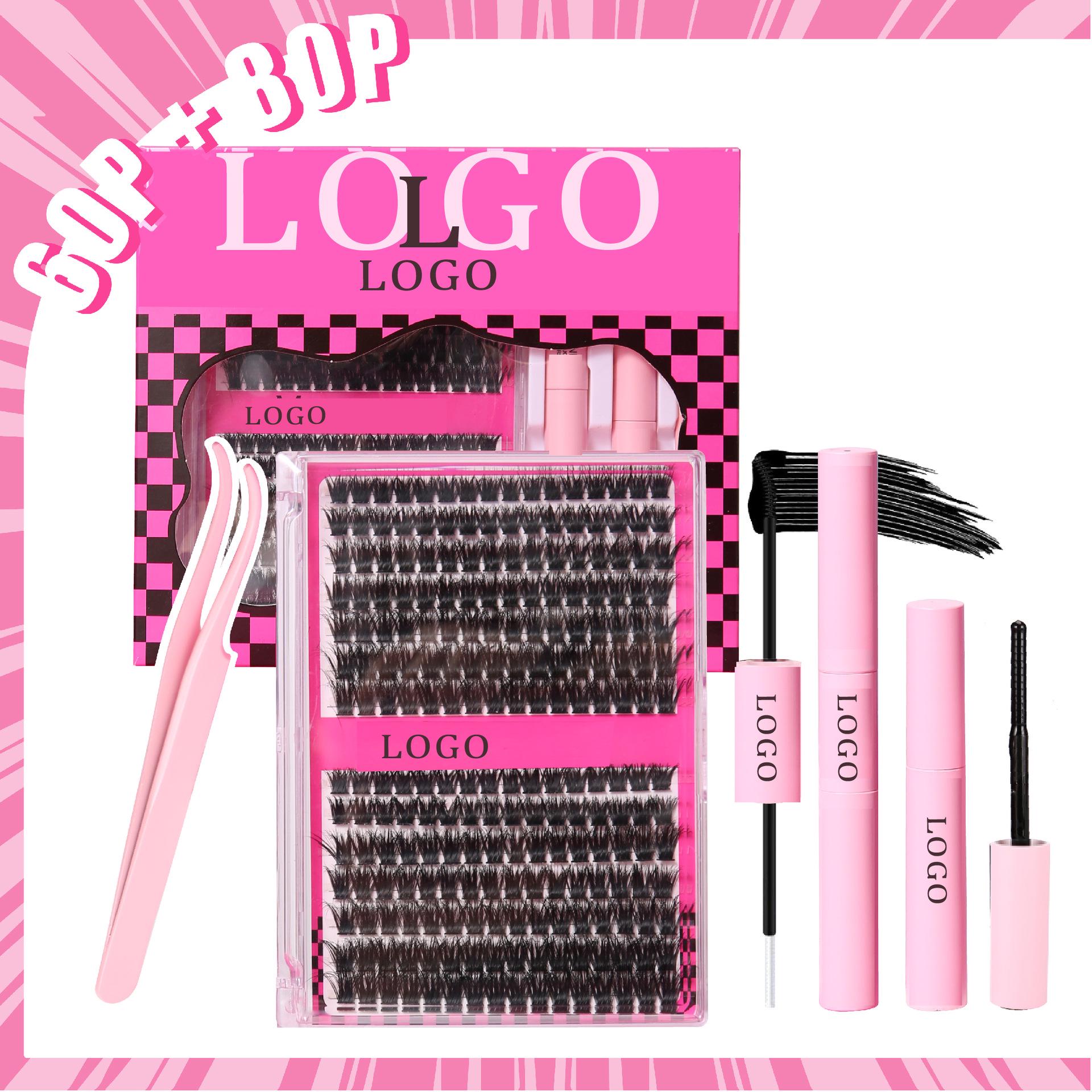 

Pink Eyelash Extension Set: 60-80 Piece Single Cluster, Dense Photogenic False Lashes