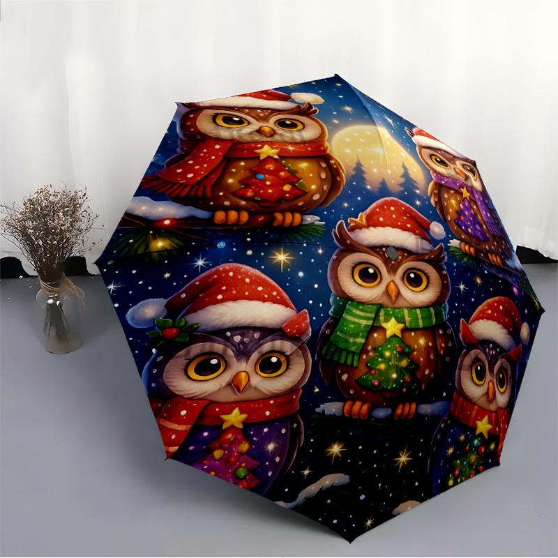 1pc Christmas Owls Automatic Open/close Umbrella, 8-Rib Sturdy Structure, Auto Folding/Opening, Portable Travel Umbrella for Women,171
