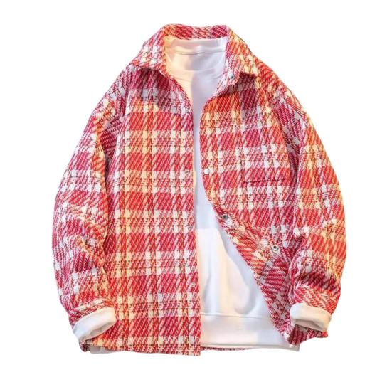 Men Woolen Jacket Lapel Long Sleeve Plaid Pattern Single-Breasted Coat with Chest Pocket Loose Fit Jacket Coat