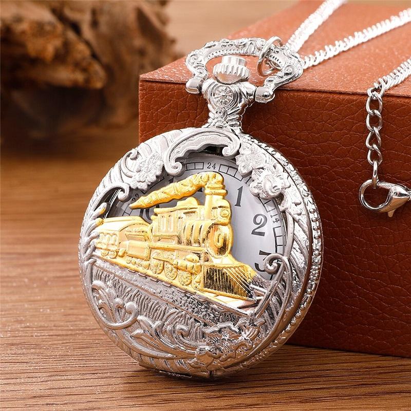 Antik ånglok Design Fickur med Kedja Halsband Vintage Kvarts Hänge Klocka Kedja Herrar Damer