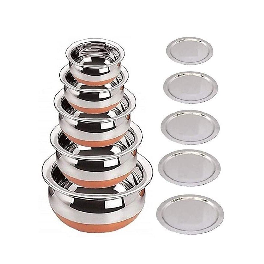 Set Of 5 Copper Bottom Stainless Steel Handi Set (Capacity : 0.5 Ltr, 0.75 Ltr, 1 Ltr, 1.5 Ltr, 2 Ltr) Cookware Set (5 Pieces) (Steel), 1500 ML