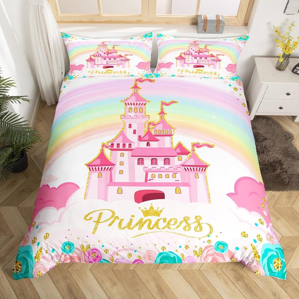 Rainbow Castle Duvet Cover King Queen Kids Girls Cartoon Girly Bedding Set Princess Castle Comforter Cover Bedroom Quilt Cover