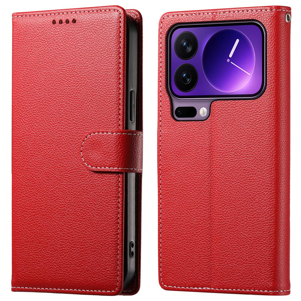 For Xiaomi 17 Pro Case Magnetic Snap Litchi Texture Leather Wallet Phone Cover with Wrist Strap
