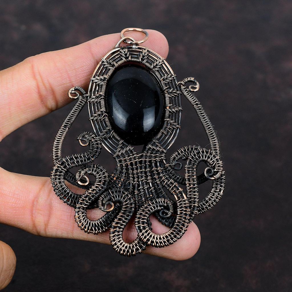 Pandantiv Onix Negru Pandantiv Înfășurat în Sârmă de Cupru Pandantiv Caracatiță Bijuterii din Cupru Pandantiv Handmade Bijuterii Înfășurate în Sârmă Pandantiv cu Piatră Prețioasă Pentru Cadou