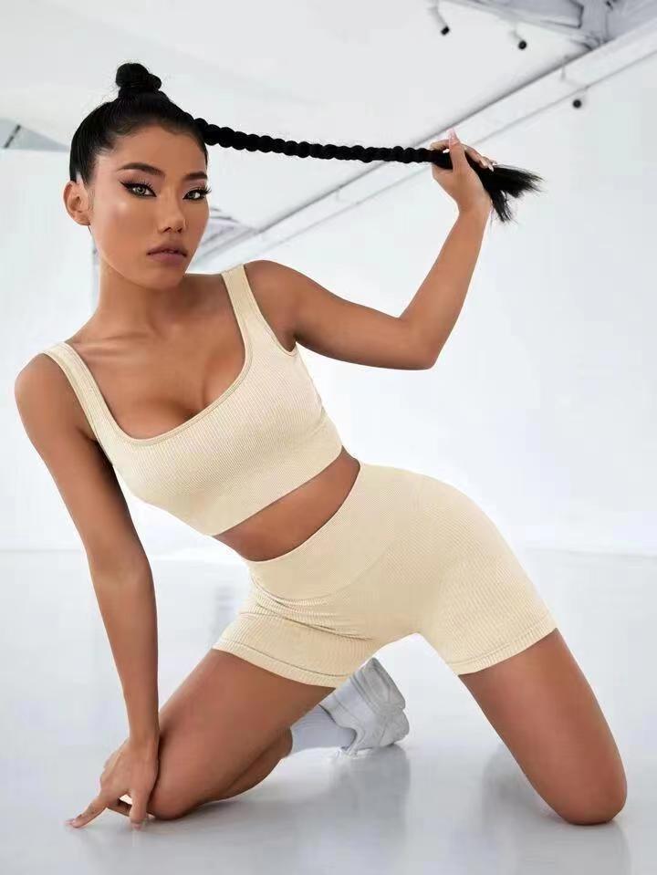 

JYL Yoga Shorts Trousers Suit Sports High Waist Tight Shorts Two Piece Ribbed Knit Sports L блідий колір аква